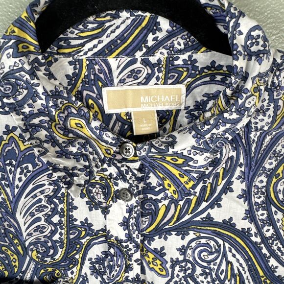 Michael Kors Womens Size L Blue Roll‎ Tab Pretty Paisley Button Up Collar Shirt - Picture 3 of 9